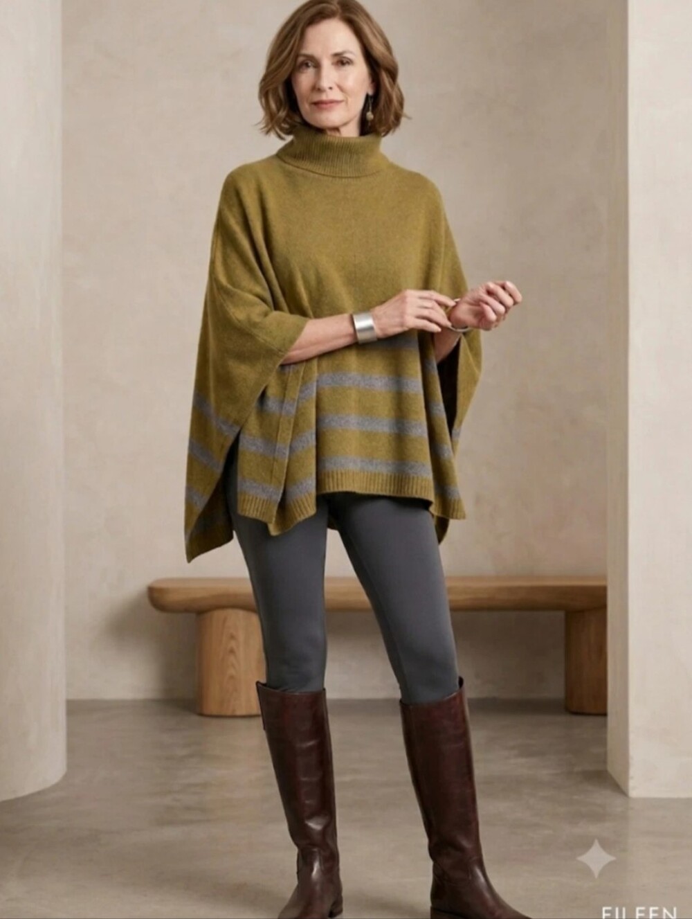 EILEEN Fisher Olive Striped Turtleneck Poncho Sweater